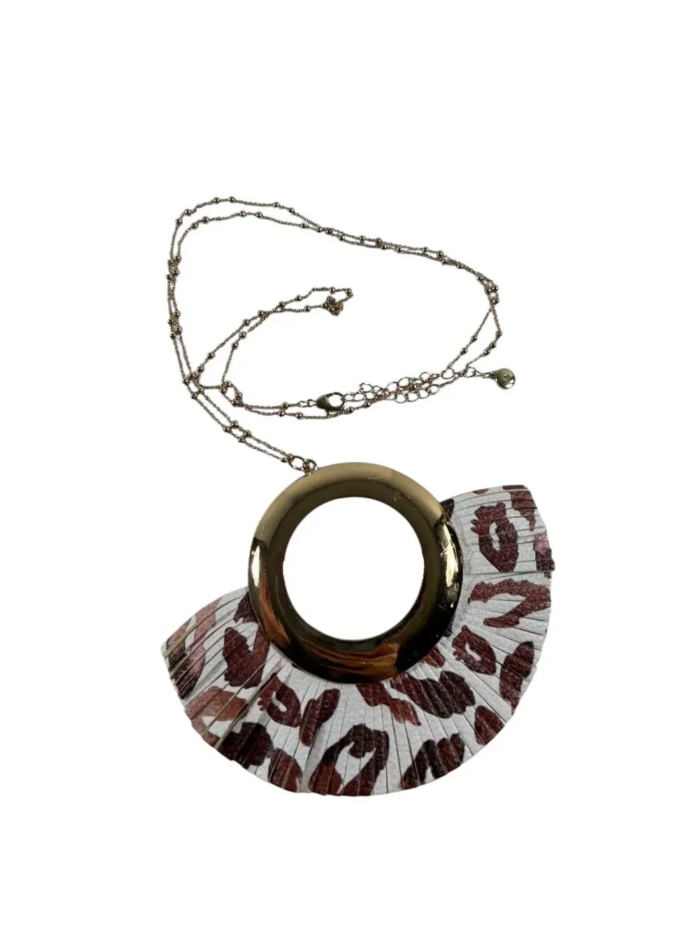 1946 Statement Pendant Necklace Gold Tone Leopard Print Fan Tassel Long Chain